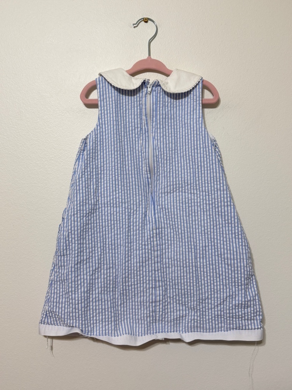 Classic Prep Striped Seersucker Dress 4T Embroidery Sailboat Petal Collar - Picture 6 of 10